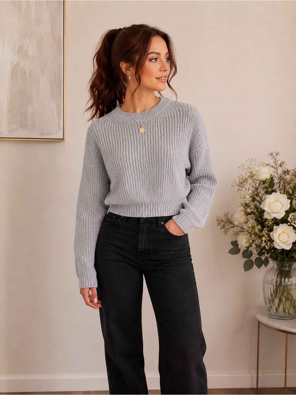 NWT Elodie Crewneck Long Sleeve Cropped Sweater Silvery Grey Size X-Small